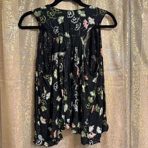 Free People Black Floral Love Potion Open Back Handkerchief Hem Tank Small - Picture 2 of 8